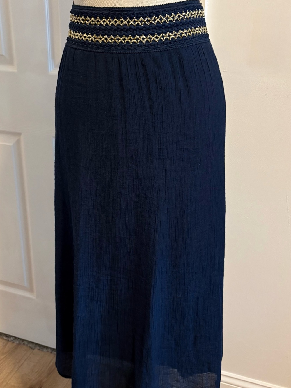 JM Collection Navy Boho Maxi Skirt with Gold Trim Petite Medium